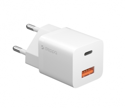 Сетевое зарядное устройство DEPPA USB-C + USB-A/PD 3.0/QC 3.0/GaN/20Вт (белое)