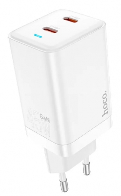 Сетевое зарядное устройство HOCO N23 45W 2USB-С (Белое)