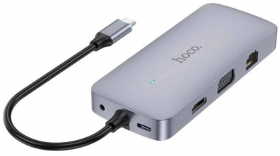 Мультихаб HOCO HB33 Type-C на HDTV/PD/USB3.0/2xUSB2.0/SD/TF/RJ45/VGA/AUX/0.13m (серый металлик)