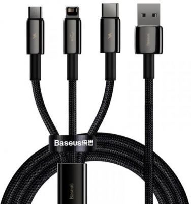 Кабель из износостойкой нейлоновой оплетки Baseus Tungsten Gold One-for-three Fast Charging Data Cable USB to M+L+C 3.5A 1.5m (CAMLTWJ-01) черный