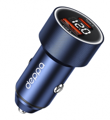 Автомобильное зарядное устройство Deppa 11216 USB A + USB-C/PD/QC 3.0/75W (дисплей, метал, синий)
