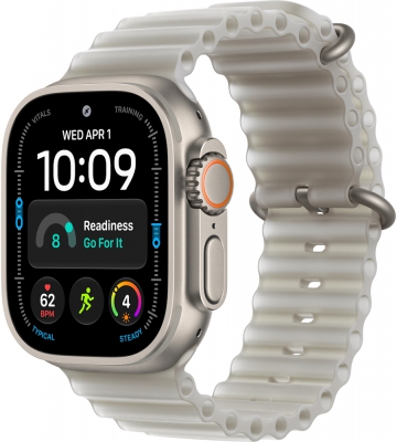 Часы Apple Watch Ultra 4 Cellular, 49 мм, корпус из титана натурального цвета, ремешок Ocean полупрозрачного серого цвета (MJAD4)