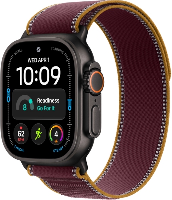 Часы Apple Watch Ultra 4 Cellular, 49 мм, корпус из титана чёрного цвета, браслет Trail бордового цвета, размер S/M (MJC34)