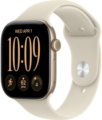 Часы Apple Watch Series 12, 42 мм, корпус из алюминия цвета «светлое золото», спортивный ремешок бежевого цвета, размер M/L (MJEE4)