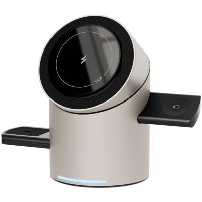 Беспроводная зарядная станция металлическая на три устройства VLP Tower Power 3 in 1 с Magsafe для iPhone/Apple Watch/Airpods 1092008 (натуральный титан)