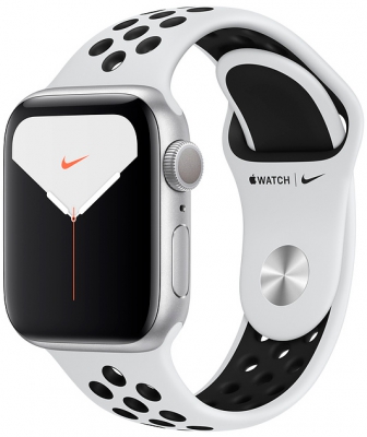 Apple Watch Nike Series 5 Cellular, 40 мм, корпус из алюминия серебристого цвета, спортивный ремешок Nike цвета «чистая платина/чёрный»