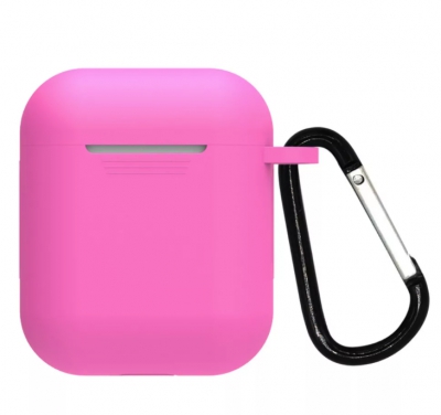 Чехол силиконовый CTI с карабином для Apple AirPods (без текстуры, ярко розовый)