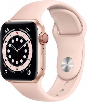 Часы Apple Watch Series 6 Cellular, 40 мм, корпус из алюминия золотого цвета, спортивный ремешок цвета «розовый песок» (M02P3)