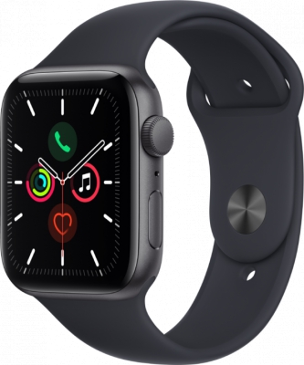Часы Apple Watch SE, 44 мм, корпус из алюминия цвета «серый космос», спортивный ремешок цвета «тёмная ночь» (MKQ63)