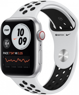 Часы Apple Watch Nike SE Cellular, 44 мм, корпус из алюминия серебристого цвета, спортивный ремешок Nike цвета «чистая платина/чёрный» (MKRW3)