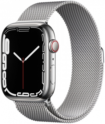 Apple Watch Series 7 Cellular, 45 мм, корпус из нержавеющей стали серебристого цвета, миланский сетчатый браслет серебристого цвета (MKJW3)