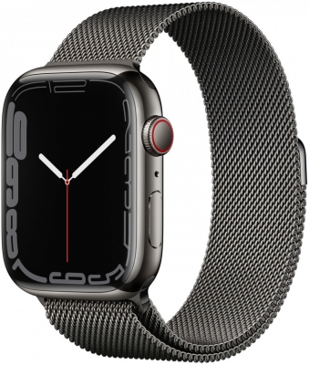 Apple Watch Series 7 Cellular, 45 мм, корпус из нержавеющей стали графитового цвета, миланский сетчатый браслет графитового цвета (MKL33)