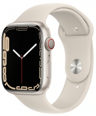 Часы Apple Watch Series 7 Cellular 45 мм, корпус из алюминия цвета «сияющая звезда», спортивный ремешок цвета «сияющая звезда» (MKJQ3)