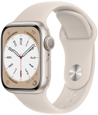 Часы Apple Watch Series 8, 41 мм, корпус из алюминия цвета «сияющая звезда», спортивный ремешок цвета «сияющая звезда», размер S/M и M/L (MNP63)