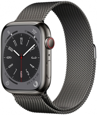 Apple Watch Series 8 Cellular, 45 мм, корпус из нержавеющей стали графитового цвета, миланский сетчатый браслет графитового цвета