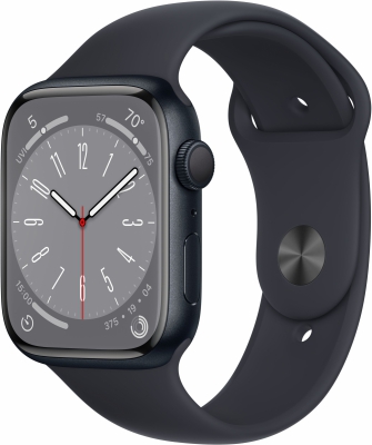 Часы Apple Watch Series 8, 45 мм, корпус из алюминия цвета «тёмная ночь», спортивный ремешок цвета «тёмная ночь», размер S/M (MNUJ3)