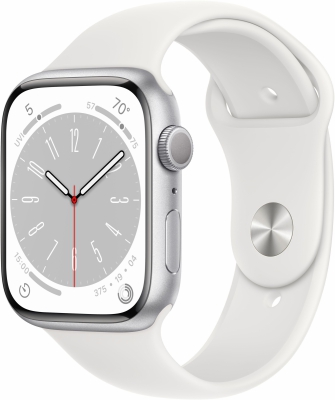 Часы Apple Watch Series 8, 45 мм, корпус из алюминия серебристого цвета, спортивный ремешок белого цвета, размер S/M (MP6P3)