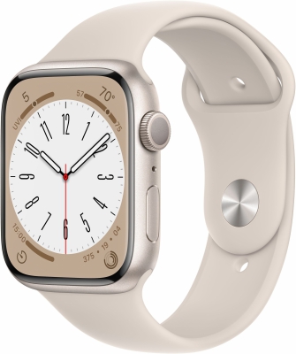 Часы Apple Watch Series 8, 45 мм, корпус из алюминия цвета «сияющая звезда», спортивный ремешок цвета «сияющая звезда», размер S/M (MNUP3)