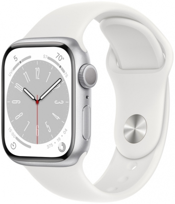 Часы Apple Watch Series 8, 41 мм, корпус из алюминия серебристого цвета, спортивный ремешок белого цвета, размер S/M (MP6L3)