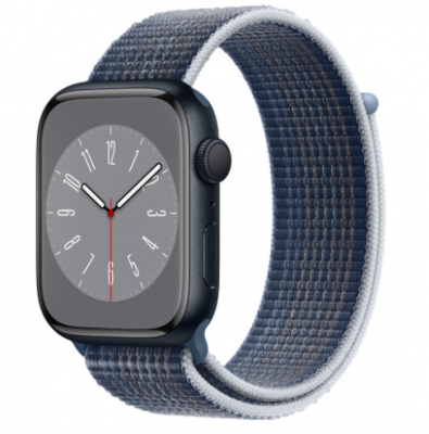 Часы Apple Watch Series 8, 45 мм, корпус из алюминия цвета «тёмная ночь», нейлоновый ремешок Sport Loop Storm Blue (MNP13+MPLG3)