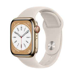Apple Watch Series 8 Cellular, 45 мм, корпус из нержавеющей стали золотого цвета, спортивный ремешок цвета «сияющая звезда» (MPLQ3)