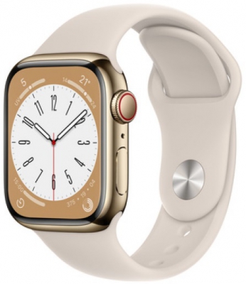 Часы Apple Watch Series 8 Cellular, 41 мм, корпус из нержавеющей стали золотого цвета, спортивный ремешок цвета «сияющая звезда», размер S/M и M/L (MNJC3)