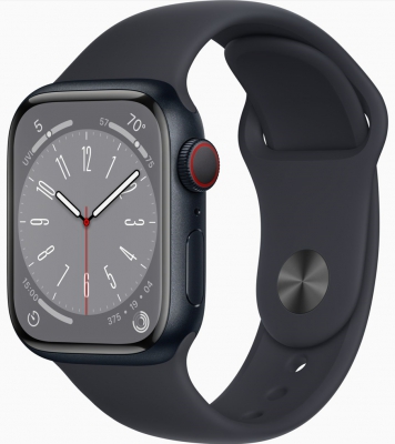 Часы Apple Watch Series 8 Cellular, 41 мм, корпус из алюминия цвета «тёмная ночь», спортивный ремешок цвета «тёмная ночь», размер S/M (MNUV3)