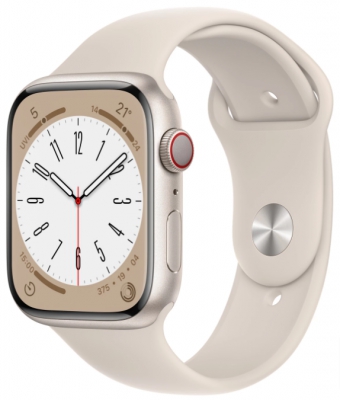 Apple Watch Series 8 Cellular, 45 мм, корпус из алюминия цвета «сияющая звезда», спортивный ремешок цвета «сияющая звезда» (MNK73)