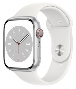 Часы Apple Watch Series 8 Cellular, 45 мм, корпус из алюминия серебристого цвета, спортивный ремешок белого цвета, размер S/M и M/L (MP4J3)
