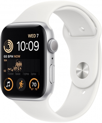 Apple Watch SE 2022, 44 мм, корпус из алюминия серебристого цвета, спортивный ремешок белого цвета, размер S/M и M/L (MNK23)