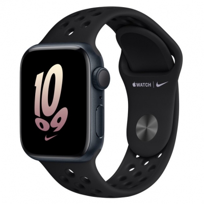 Apple Watch SE 2022, 44 мм, корпус из алюминия цвета «тёмная ночь», спортивный ремешок Nike чёрного цвета, размер S/M и M/L (MNLC3)