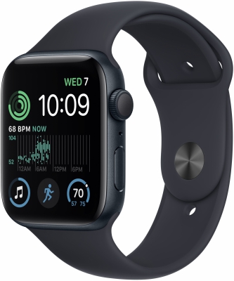 Часы Apple Watch SE 2022, 44 мм, корпус из алюминия цвета «тёмная ночь», спортивный ремешок цвета «тёмная ночь», размер M/L (MNTG3, MNU03)
