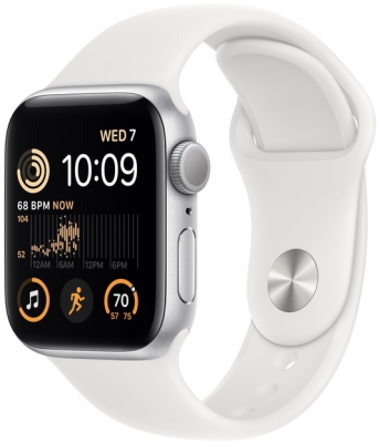 Apple Watch SE 2022, 40 мм, корпус из алюминия серебристого цвета, спортивный ремешок белого цвета, размер S/M (MNT93)