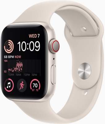 Часы Apple Watch SE 2022 Cellular, 44 мм, корпус из алюминия цвета «сияющая звезда», спортивный ремешок цвета «сияющая звезда», размер S/M (MNTW3)