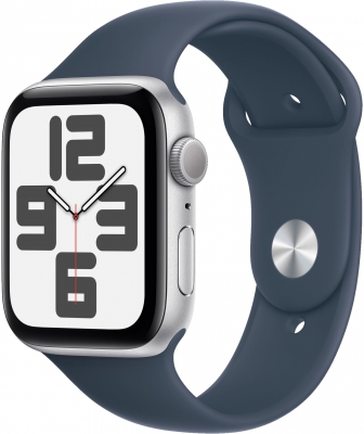 Часы Apple Watch SE 2022, 44 мм, корпус из алюминия серебристого цвета, спортивный ремешок цвета «синий шторм», размер S/M (MREC3)
