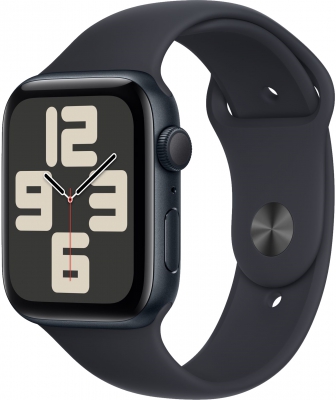 Часы Apple Watch SE 2023, 44 мм, корпус из алюминия цвета «тёмная ночь», спортивный ремешок цвета «тёмная ночь», размер S/M (MRE73)