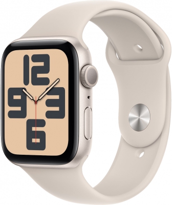 Часы Apple Watch SE 2023, 44 мм, корпус из алюминия цвета «сияющая звезда», спортивный ремешок цвета «сияющая звезда», размер S/M (MRE43)
