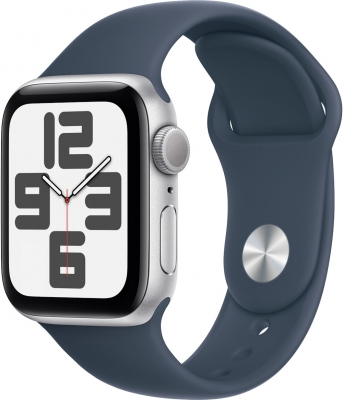 Часы Apple Watch SE 2023, 40 мм, корпус из алюминия серебристого цвета, спортивный ремешок цвета «синий шторм», размер S/M (MRE13)