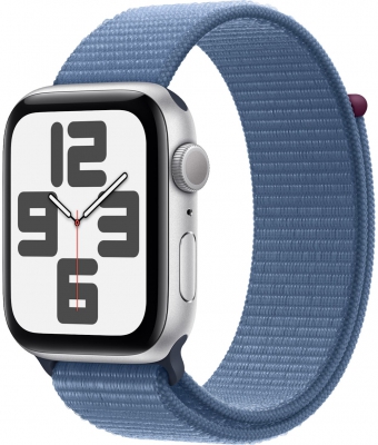 Часы Apple Watch SE 2023, 44 мм, корпус из алюминия серебристого цвета, спортивный браслет (loop) цвета «зимний синий» (MREF3)