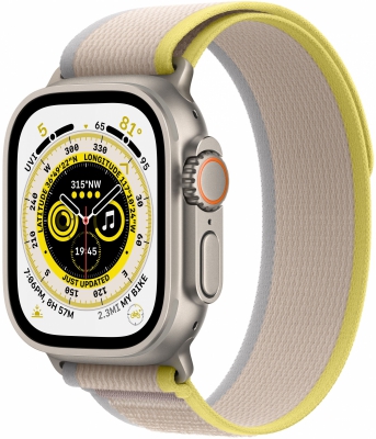 Часы Apple Watch Ultra Cellular, 49 мм, корпус из титана, браслет Trail желтого/бежевого цвета, размер S/M (MQEG3)