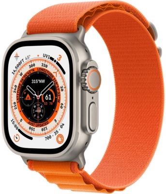 Часы Apple Watch Ultra Cellular, 49 мм, корпус из титана, браслет Alpine оранжевого цвета, размер S (MNHH3)