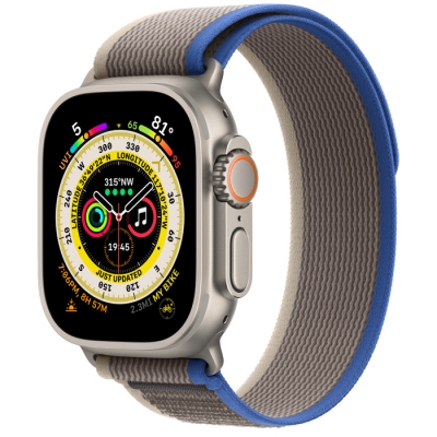 Часы Apple Watch Ultra Cellular, 49 мм, корпус из титана, браслет Trail синего/серого цвета, размер S/M (MQEP3)