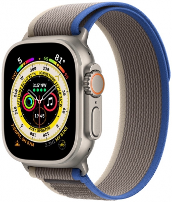 Часы Apple Watch Ultra Cellular, 49 мм, корпус из титана, браслет Trail синего/серого цвета, размер M/L (MQFV3, MQF33)