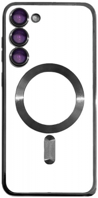 Чехол накладка DTL с поддержкой MagSafe для Samsung Galaxy S23 с металлизированным черным бампером и защитой камер (прозрачный)