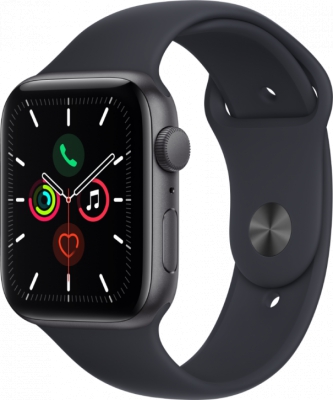 Часы Apple Watch SE 2020, 44 мм, корпус из алюминия цвета «серый космос», спортивный ремешок цвета «тёмная ночь» размер M/L (MKQ63) демо