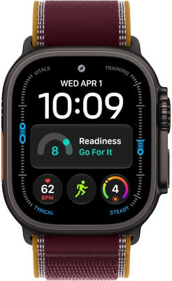 Часы Apple Watch Ultra 4 Cellular, 49 мм, корпус из титана чёрного цвета, браслет Trail бордового цвета, размер S/M (MJC34)
