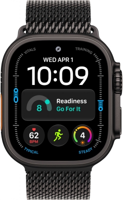 Часы Apple Watch Ultra 4 Cellular, 49 мм, корпус из титана чёрного цвета, миланский браслет чёрного цвета, размер S (MJAU4)